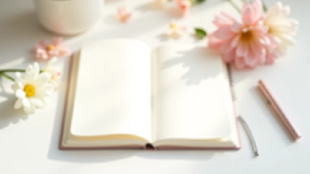Blank notebook with pen and flowers on light background ready for first journaling session