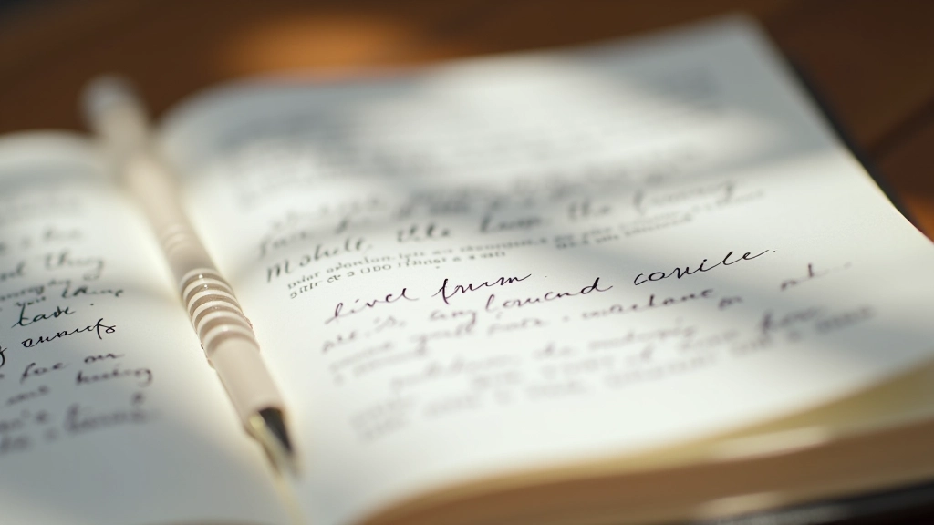 Close-up of handwritten journal pages filled with flowing cursive writing and scattered thoughts