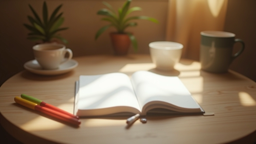 Desk workspace with journal, colored pens, and a warm cup of coffee creating an inviting journaling environment