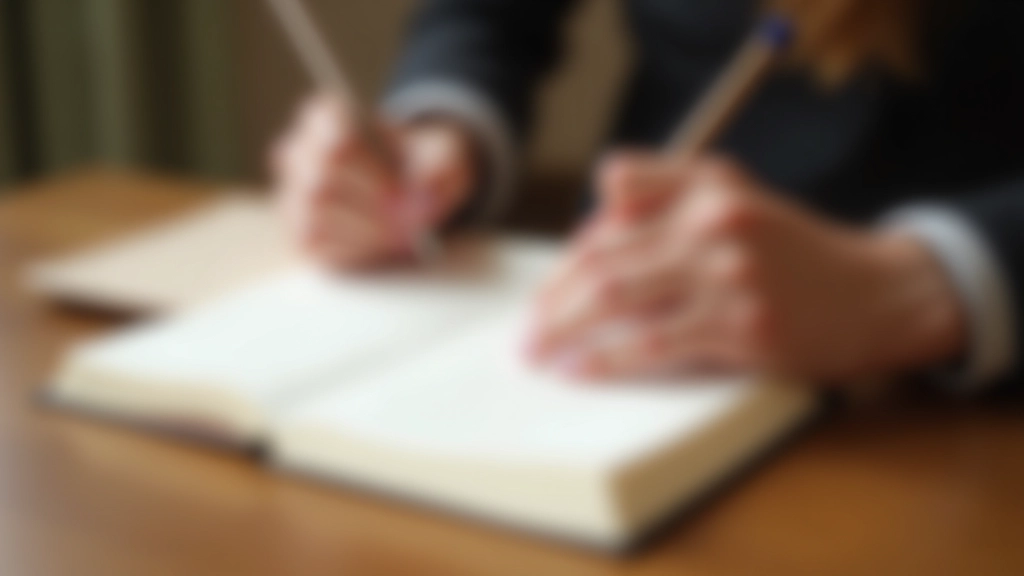 Close-up of hands writing in an open journal with a pen, blank page ready for thoughts