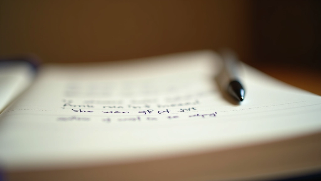 Close-up of handwritten journal pages with pen, showing personal reflective writing with natural sunlight