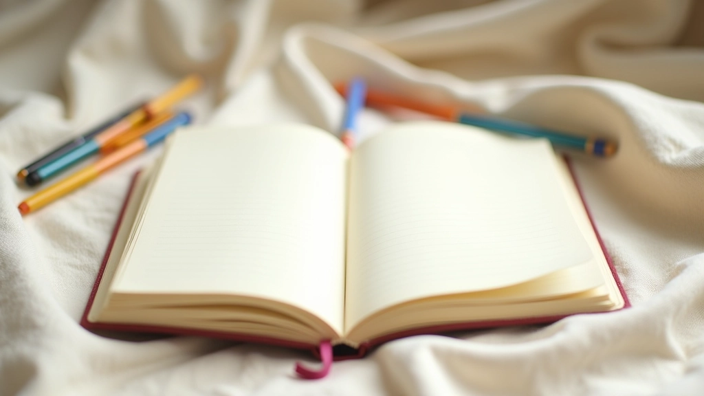 Journal with different colored pens arranged on a soft surface, inviting creative writing
