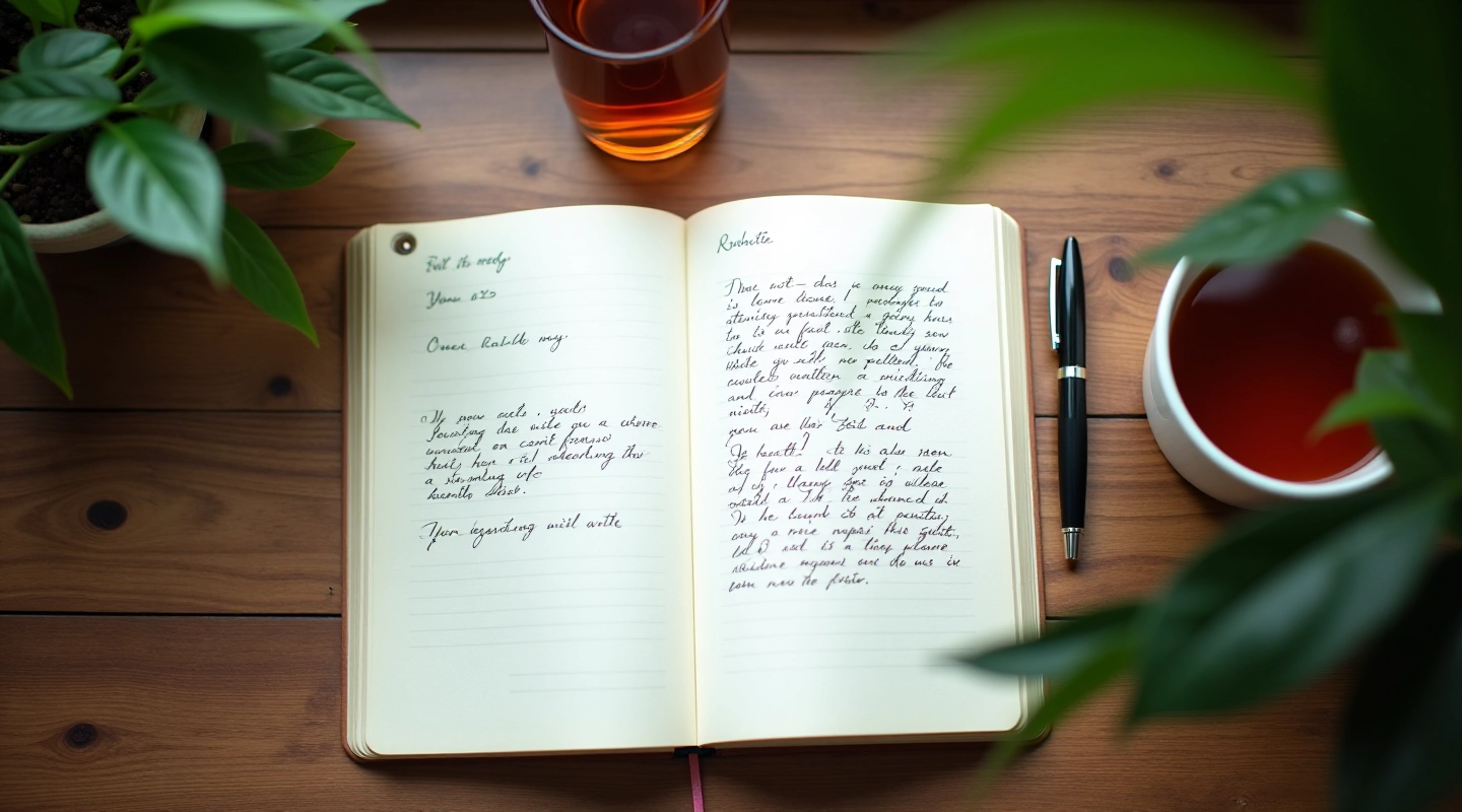 Open notebook with pen on a wooden table beside a cup of tea and plants