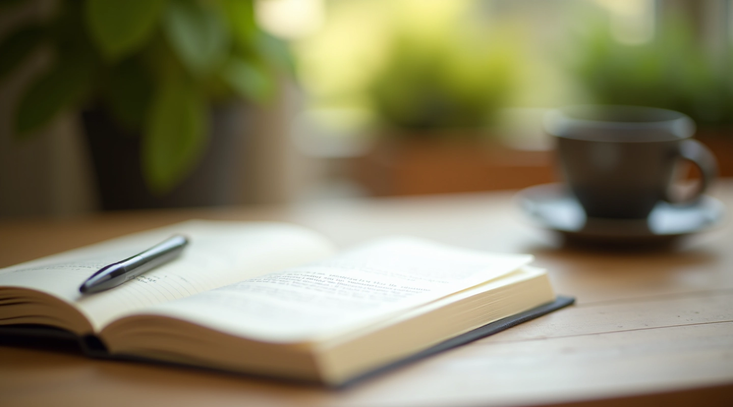 Open notebook with pen on a wooden table beside a cup of tea and plants