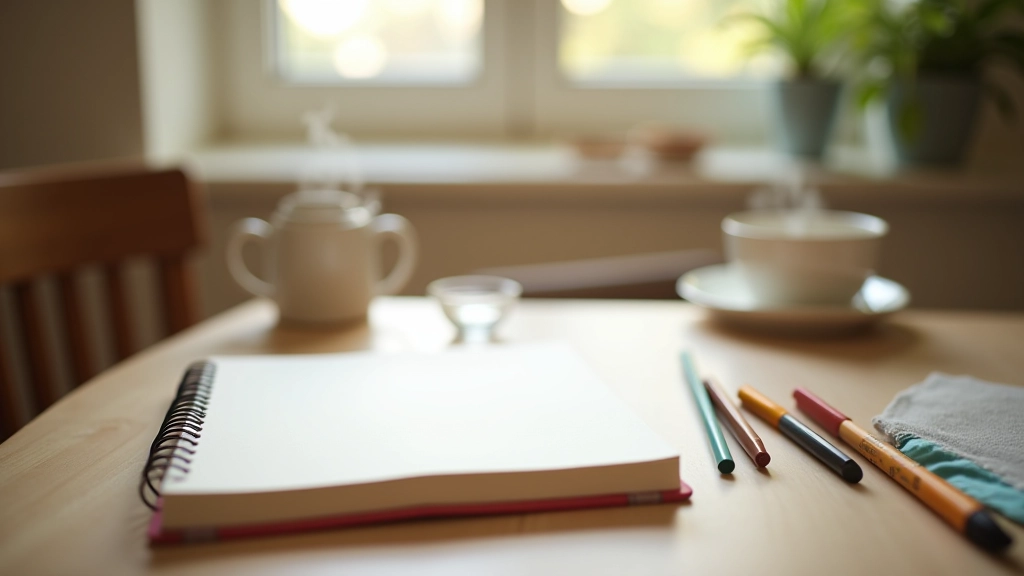 Organized desk with journal, colored pens, and tea cup creating a mindful writing space