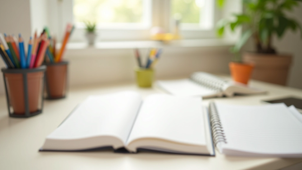 Journaling workspace with multiple notebooks and colorful writing supplies