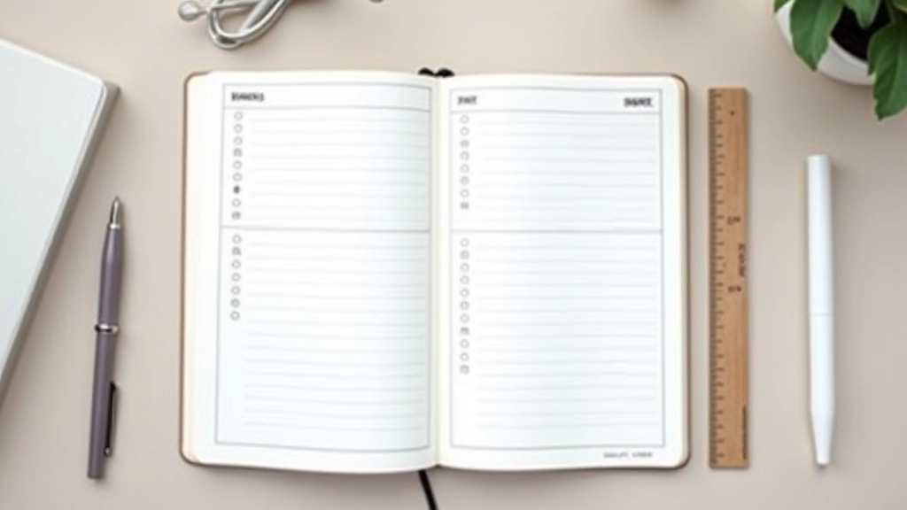 Flat lay of a bullet journal spread showing organized task lists with checkboxes, habit trackers, and minimalist doodles in black ink