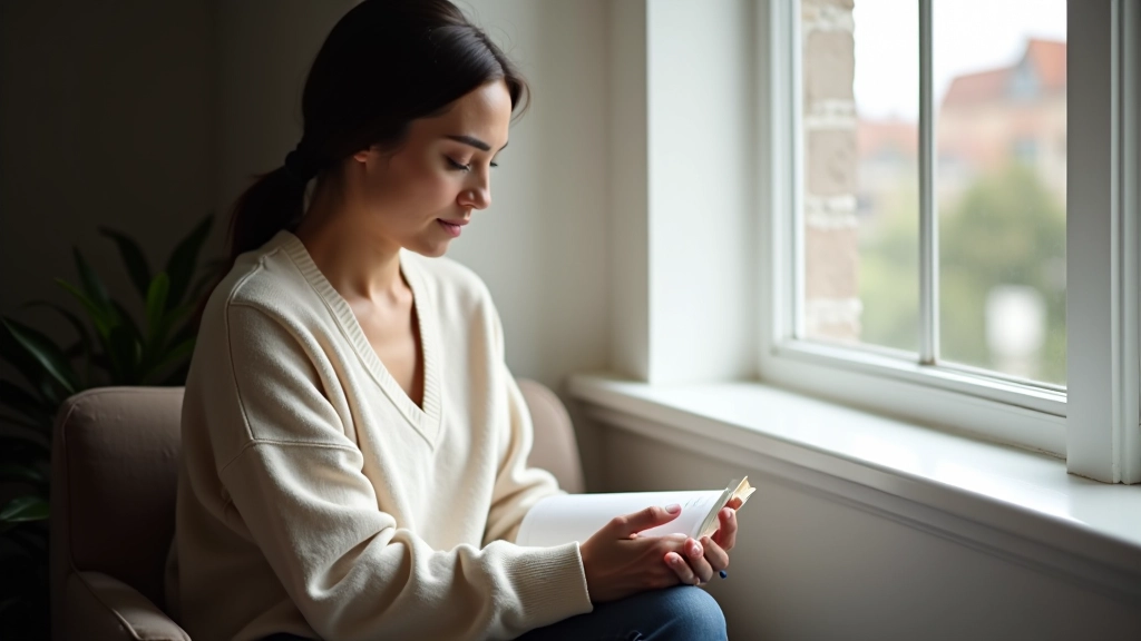 Person sitting peacefully by a window with journal on lap, reflecting in quiet moment