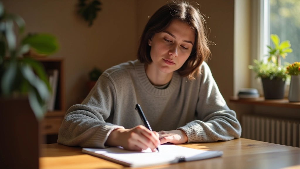 Person writing in a journal at a wooden table with morning light coming through a window, pen in hand, notebook open
