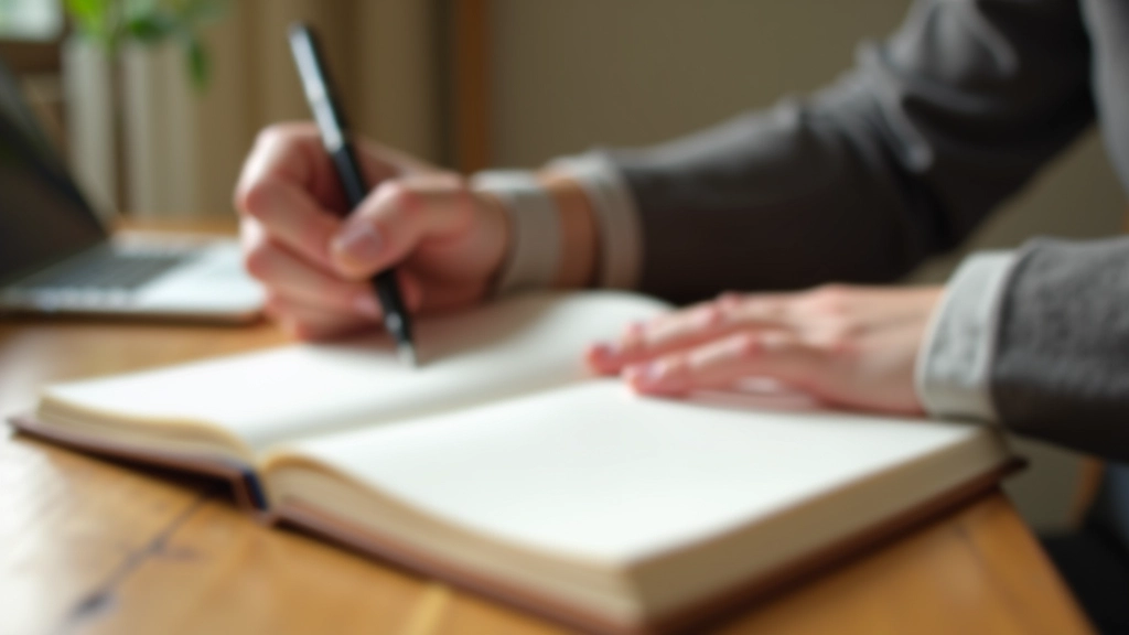 Hand holding a pen over an open journal with handwritten text visible on the page