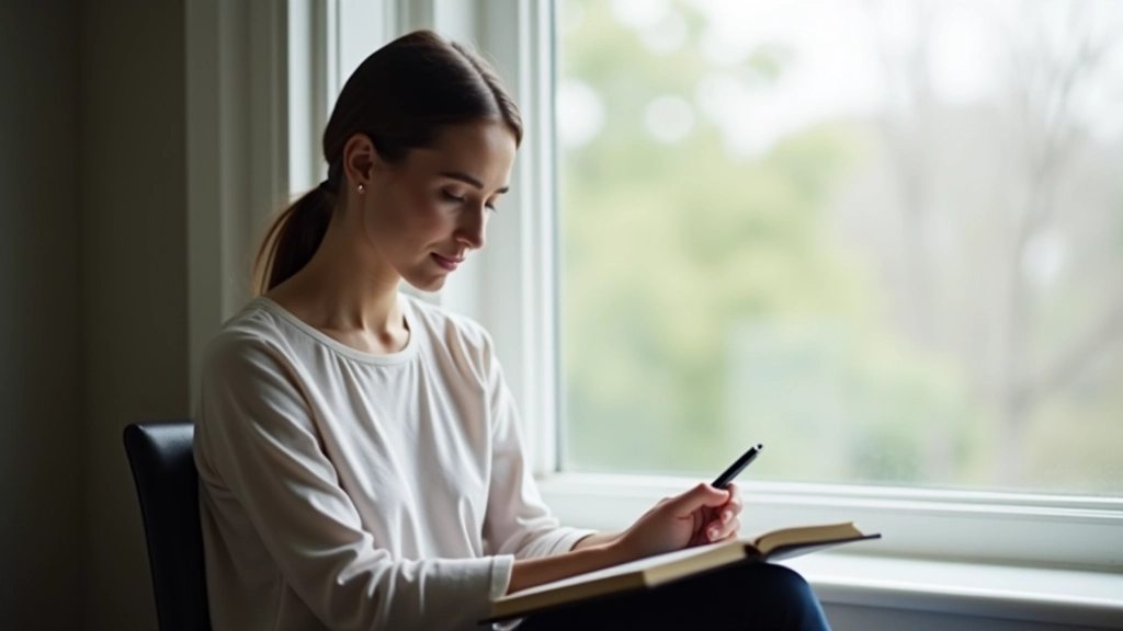 Person sitting at a window with journal and pen, natural light streaming in, peaceful journaling moment