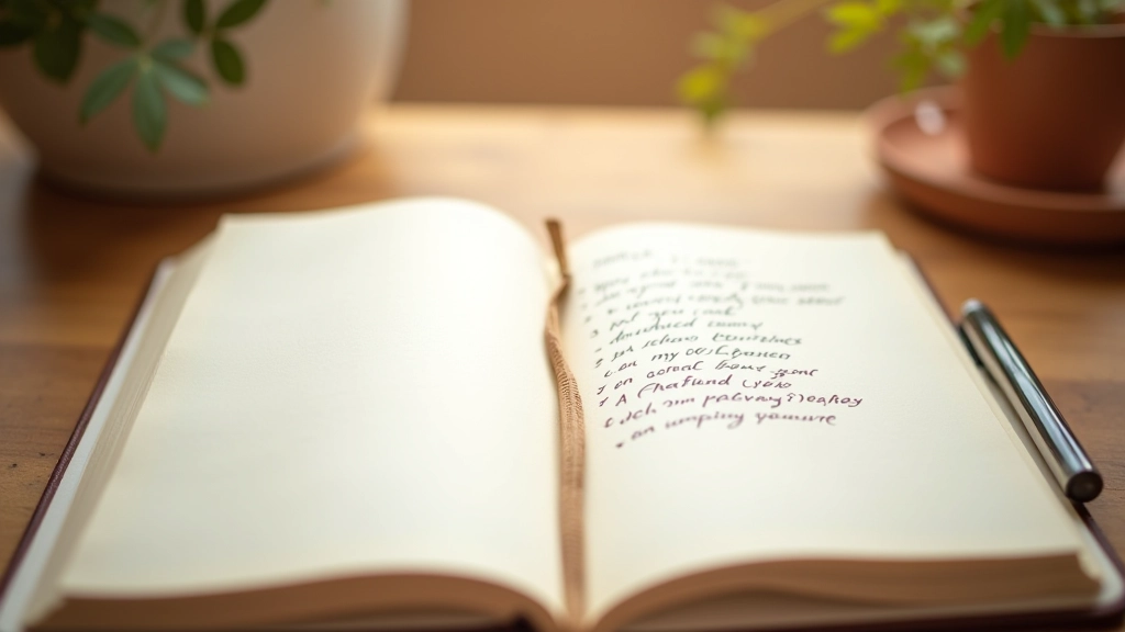 Handwritten gratitude list in a journal with words like 'thankful,' 'blessed,' and small heart doodles decorating the margins