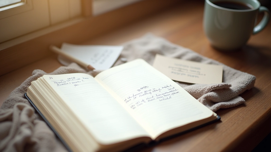 Open journal next to a card with a journaling prompt written on it, sitting on a desk with a cup of tea
