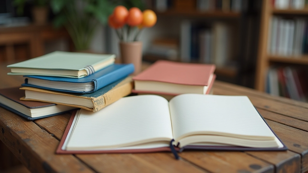 Variety of different journals and notebooks arranged on a wooden surface, showing different colors, textures, and sizes