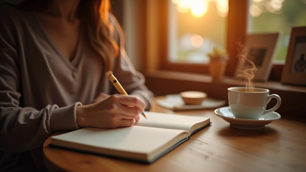 Person writing in journal with coffee cup nearby