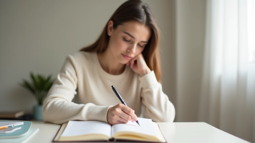 Person writing in journal at a quiet desk with soft natural lighting