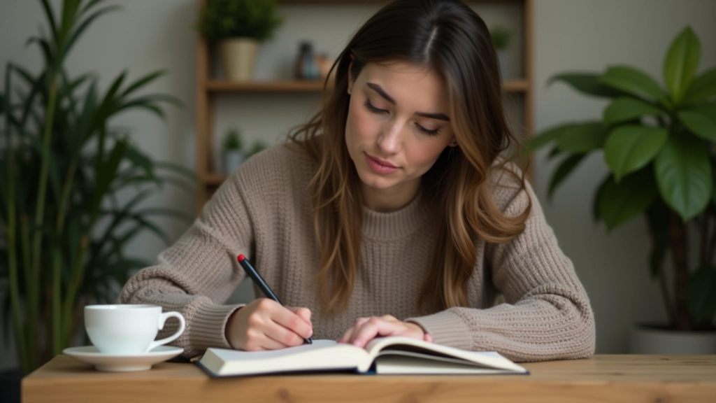 Woman writing in journal at wooden table with coffee and plants in background