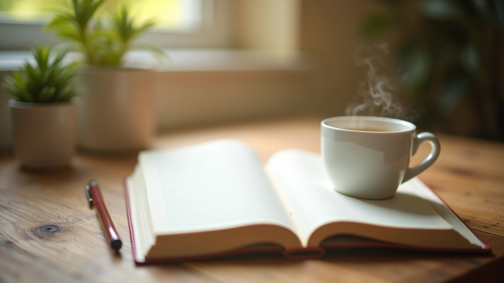 Workspace with journal, tea cup, and natural elements arranged for mindful writing session
